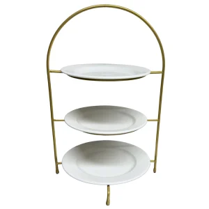 etagère 3 laags / serveerstandaard goud inclusief 3 borden Pure wit (21-21-24cm)