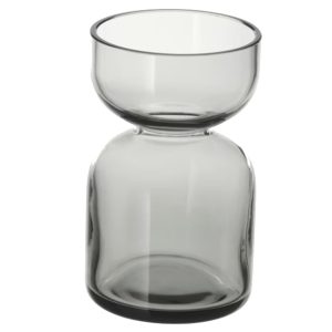 vaasje klein grijs glas 7cm rond, hoogte 11cm