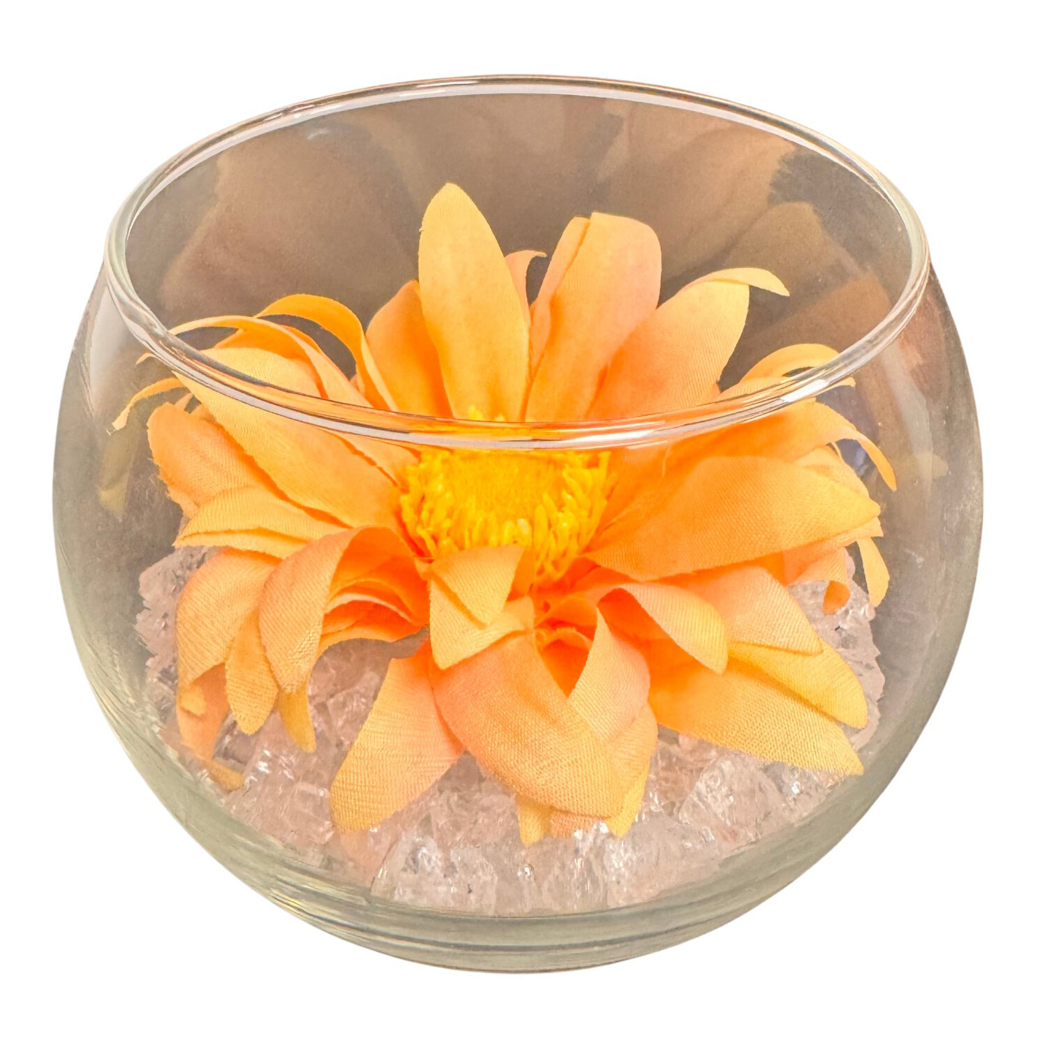 gerbera in bolvaasje helder glas 10cm rond, hoogte 8cm (kunst) gerbera in bolvaasje helder glas 10cm rond, hoogte 8cm (kunst)