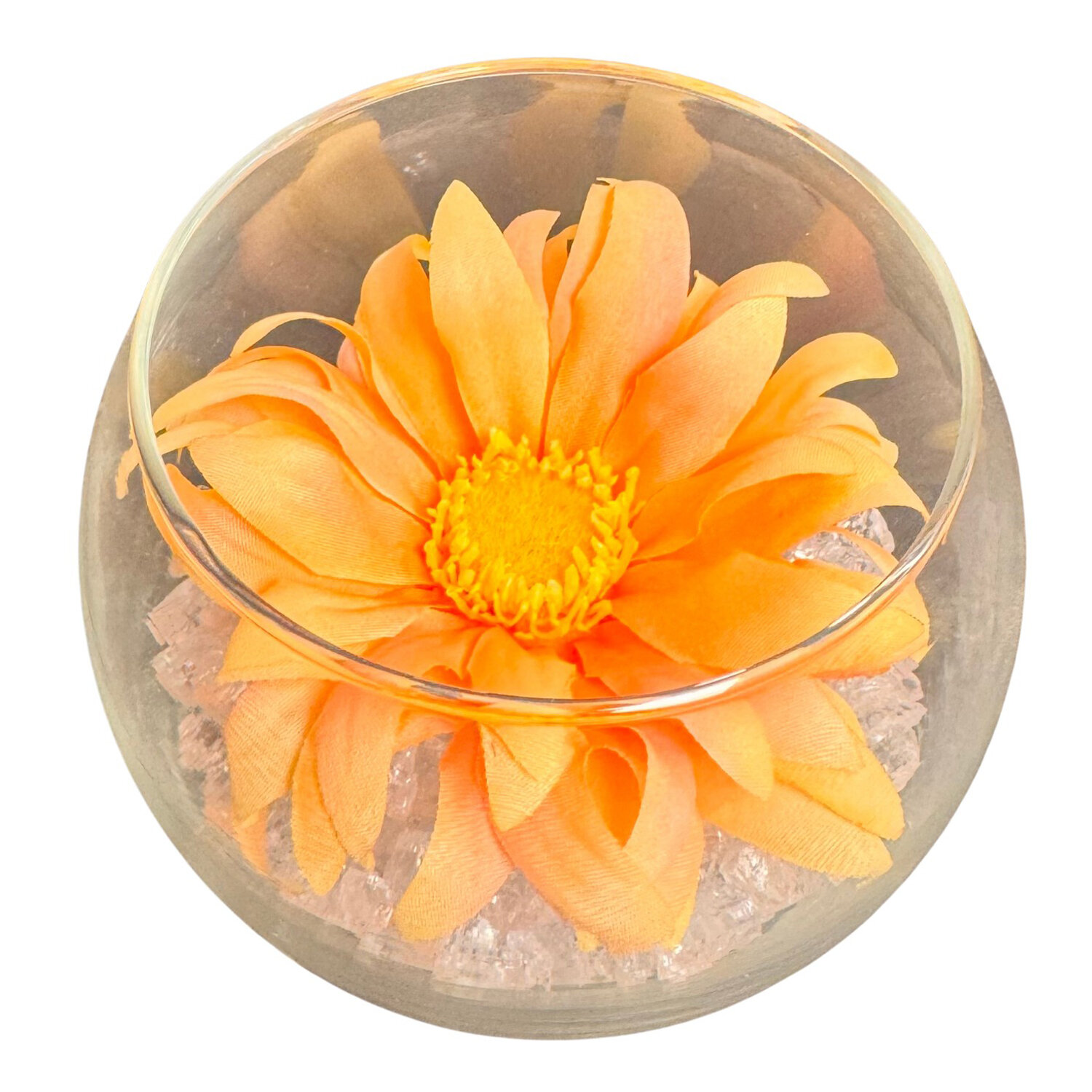 gerbera in bolvaasje helder glas 10cm rond, hoogte 8cm (kunst) gerbera in bolvaasje helder glas 10cm rond, hoogte 8cm (kunst)