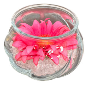 gerbera in bolvaasje rustiek helder glas 11cm rond, hoogte 8cm (kunst)