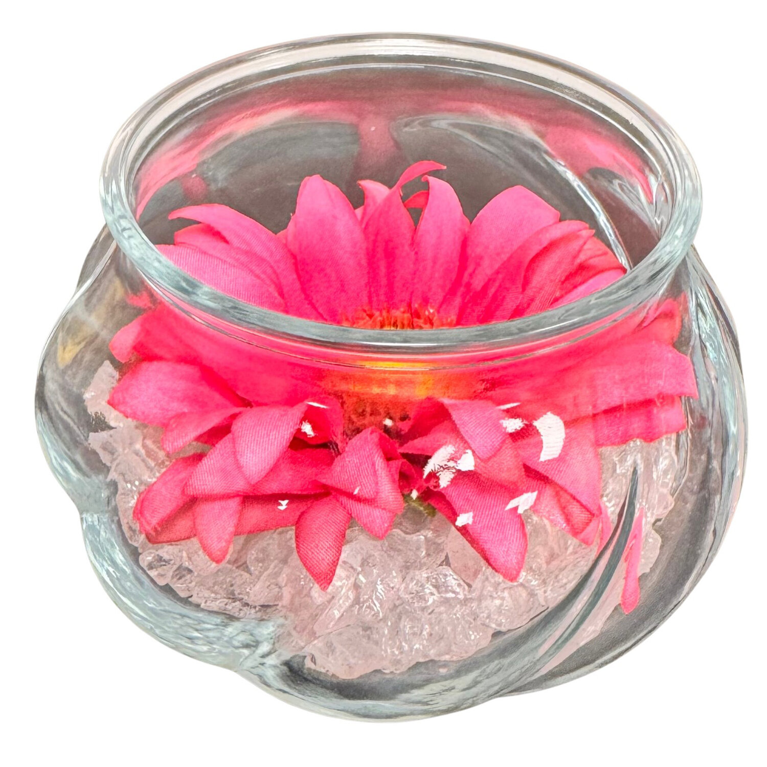 gerbera in bolvaasje rustiek helder glas 11cm rond, hoogte 8cm (kunst) gerbera in bolvaasje rustiek helder glas 11cm rond, hoogte 8cm (kunst)