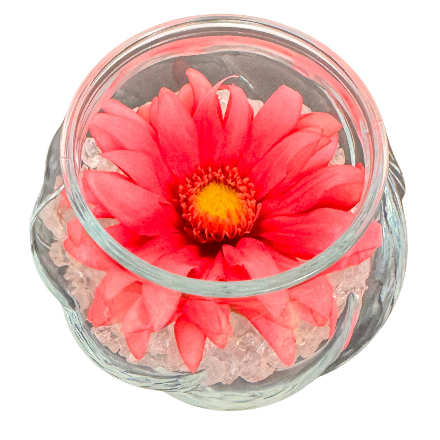 gerbera in bolvaasje rustiek helder glas 11cm rond, hoogte 8cm (kunst) gerbera in bolvaasje rustiek helder glas 11cm rond, hoogte 8cm (kunst)
