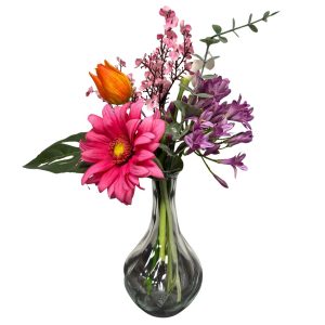bloemdeco in vaasje rustiek helder glas 9cm rond, hoogte 17cm (kunst)