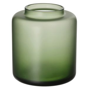 vaasje klein groen mat glas 9cm rond, hoogte 10cm