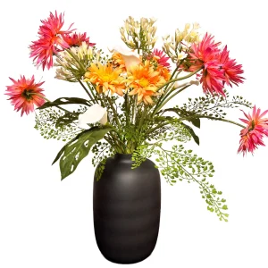 boeket bloemen in vaas middel mat zwart rond 18cm, hoogte 27cm (kunst)